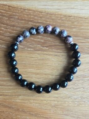 Red Snowflake Obsidian & Black Onyx Stretch Bracelet Hand Crafted Gemstone Beads